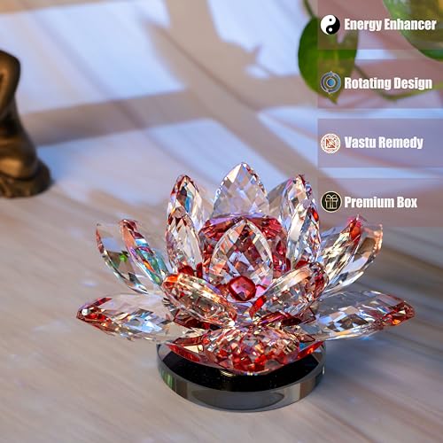 Image of Feng Shui Crystal Lotus Flower Showpiece & Paper Weight | Vastu Decor for Home & Office | Desk Decoration | Fengshui Items for Positive Energy, Good Luck & Gifting |Red (Large-12.5 x 6.5 CM)