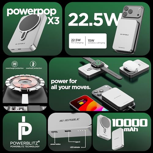 Image of Nu Republic Powerpop X3 10000mAh Power Bank, Magnetic Fast Charging Wireless Powerbank with 22.5W Wired Type-C PD Output, 15W Wireless Output (Silver)