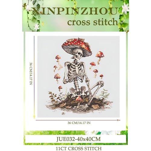 Image of Xinpinzhou Skeleton 11ct Cross Stitch Kits, 11 CT Funny Pre Printed Counted Stamped Cross Stitch Embroidery Needlepoint Needlework Patterns Kits for Beginners Adults Crossstitch 36x36 cm