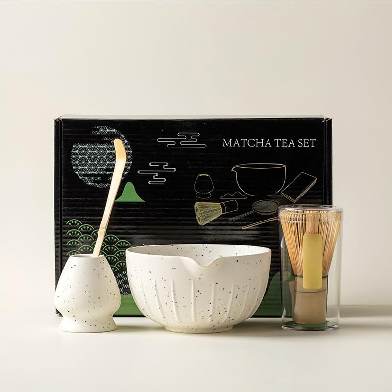 Artisanal Matcha Kit Including Precision Bamboo Whisk and Stylish 500 ml Ceramic Bowl, Perfect for Traditional Tea Ceremonies