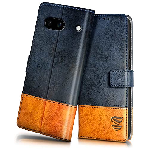 Image of FLIPPED Vegan Leather Flip Case Back Cover for Google Pixel 6A (Flexible, Shock Proof | Hand Stitched Leather Finish | Card Pockets Wallet & Stand | Irish Blue with Tanned Oak)