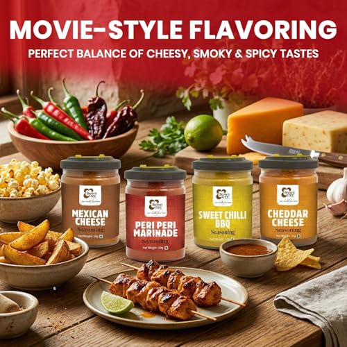 Image of Browntree 4 in 1 Popcorn Seasoning Powder-200g| Mexican Cheese, Cheddar Cheese,Sweet Chilli BBQ, Peri Peri | Movie Style | Each Pack 50g | Combo Pack (4 in 1 Popcorn Seasoning, Assorted)