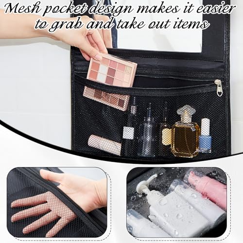 Travel Hanging Toiletry Bag with Mirror Leather Travel Hanging Mirror Foldable Dance Competition Makeup Bag Backstage Cosmetic Organizer for Traveling Dancers Artists Home Spa(Black)4