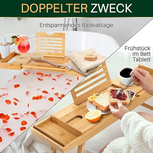 SereneLife 2-in 1 Ablage als Badewannenablage & Betttisch – Klappbares Badewannentablett Länge & Höhe Verstellbar – Wasserdichtes Betttablett für Bett & Badewanne – Robustes Sofa Tablett aus Bambus