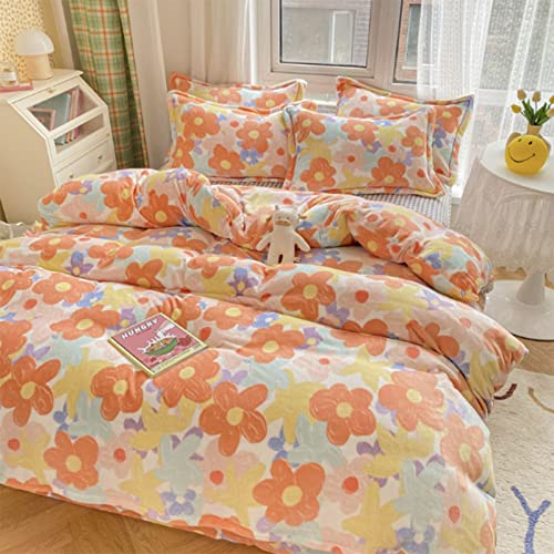 Super Warm And Soft Four-Piece Milk Velvet Coral Fleece Fresh Girl Style Thermal Sheet Duvet Cover Flannel Bedding Queen Bed Sheets Set Home Textiles #TOP17