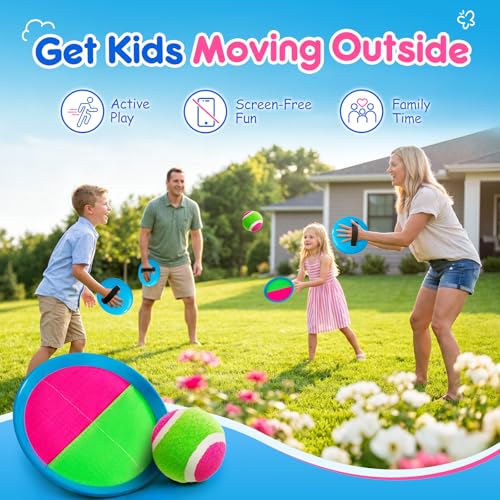 Image of EVERICH Upgraded Toss and Catch Ball Game Set - Indoor and Outdoor Games for Kids 3-12, Beach Sand Pool Water Toy Includes 2 Paddles 2 Sticky Balls, Great Birthday Easter Gifts for Boys Girls