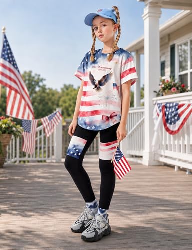 Image of Girls 2 Piece Outfits Kids Clothes Pants Sets Print Short Sleeve Top Leggings Spring Summer Tracksuit 4-13Y