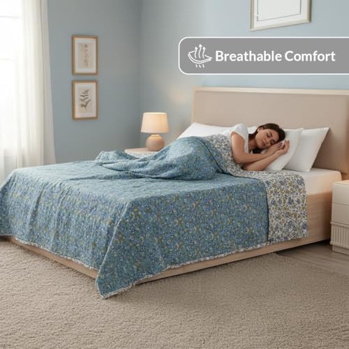 Image of HOMEMONDE 100% Cotton Reversible Dohar Single Bed Size | 300 TC AC Blanket Comforter | Soft Lightweight Bed Blanket Quilt (54 X 84 Inch, Aqua Green & White, Pack Of 1)