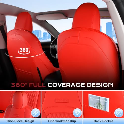 Image of Coverado Red Car Seat Covers Compatible with 2017-2023 Tesla Model 3, Waterproof Full Set 5 Seats, Leatherette Car Seat Covers and Back Car Seat Cushion, Custom for Tesla Model 3