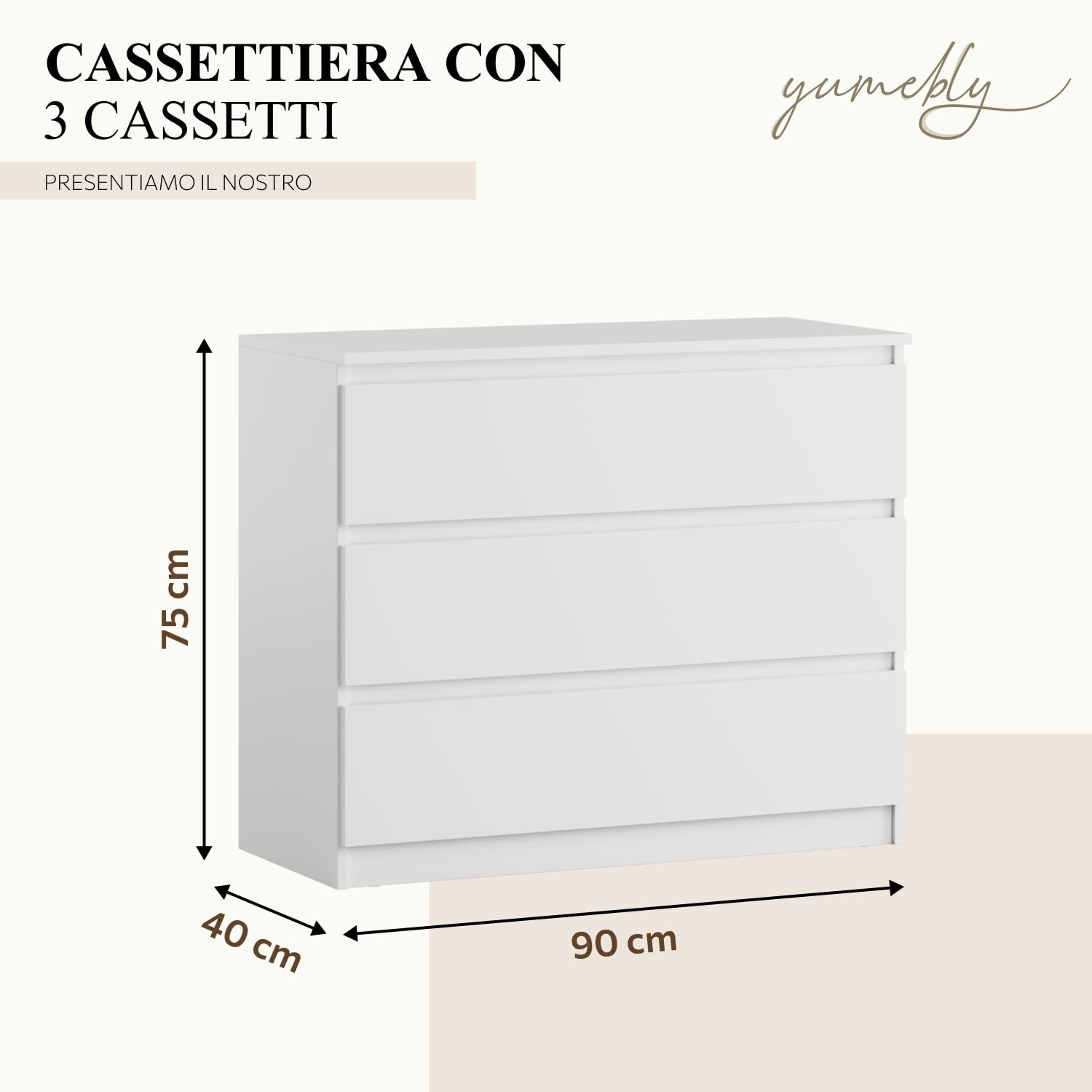 Cassettiera a 3 cassetti | Bianco 90 cm Ideale per camera da letto, soggiorno, camera dei bambini e ufficio | Cassettiera spaziosa | Design moderno | 90 x 75 x 40 cm