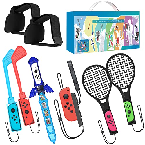Paquete de accesorios deportivos Ermorgen Switch, kit 9 en 1 para Nintendo Switch OLED, agarre Joycon, correa para pierna y muñeca, raqueta de bádminton de tenis, palo de golf y controlador de espada Cover