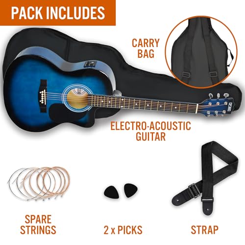 Image of 3rd Avenue Full Size 4 /4 Cutaway Electro Acoustic Guitar Pack Bundle for Beginners with 6 Months FREE Lessons, Built-in Tuner and EQ - Blue