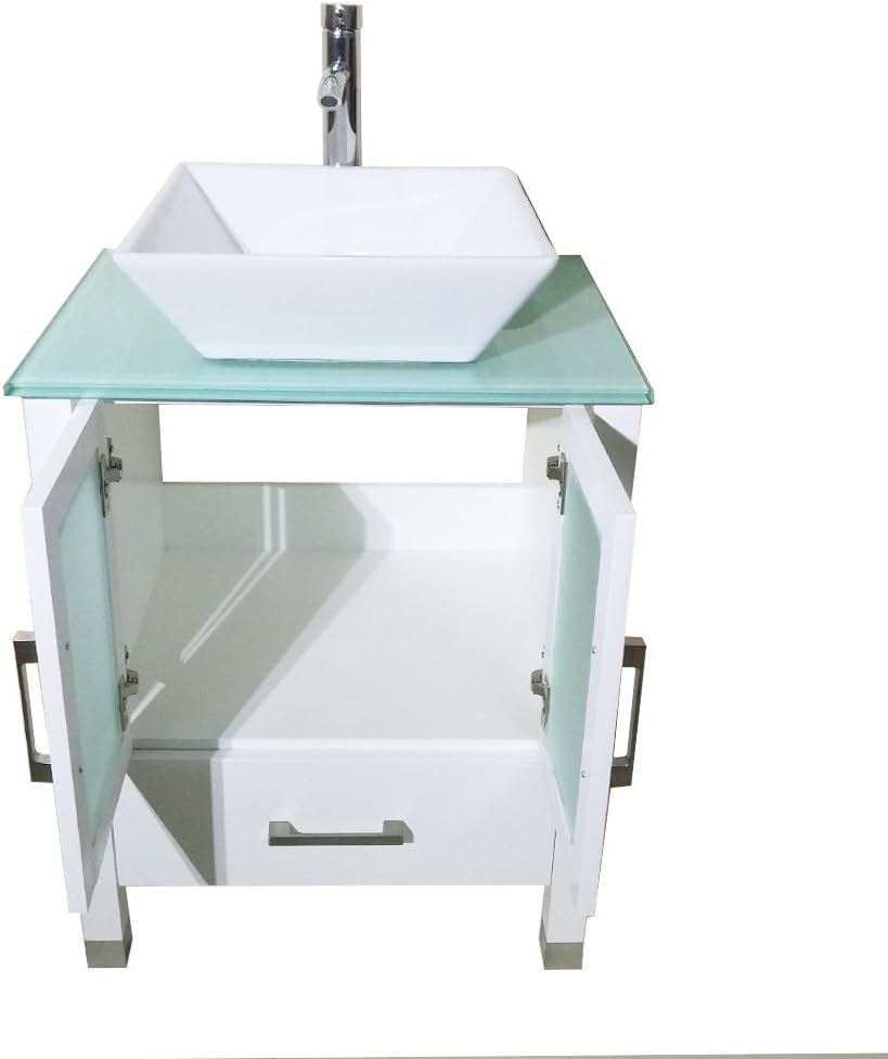 24 inch White Bathroom Solid Wood Vanity With Mirror Countertop Square Ceramic Vessel Sink (White)