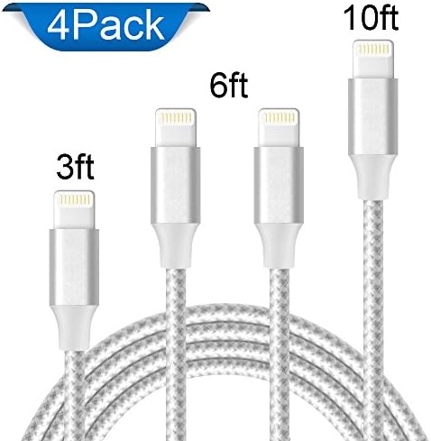 AOFU Lightning Cable,Charger Cables 4Pack 3FT 6FT 6FT 10FT to USB Syncing Data and Nylon Braided Cord Charger for iPhone X/8/8Plus/7/7Plus/6/6Plus/6s/6sPlus/5/5s/5c/SE and More - Silver&Gray …