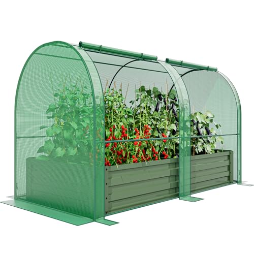 SPECILITE Raised Garden Bed with Mini Greenhouse, Galvanized Metal Planter Box Kit with PE Cover, 2 Roll-Up Doors for Ventilation, Gardening Set for Outdoor Growing Vegetables, Herbs, Fruit & Flowers