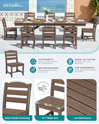 Image of SERWALL 9 Piece 84 inch HDPE Outdoor Dining Set for 8 with Armless Chairs and Umbrelle Hole, Brown