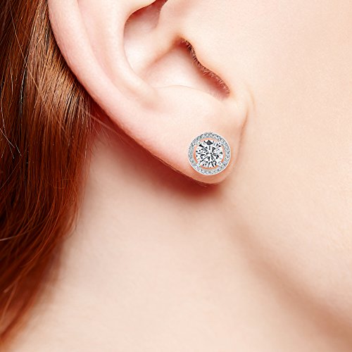 Robert Matthew Sandra 18K White Gold Stud Earrings, Large Round Cut Cz Halo Stud Earring Set For Women, Silver Cubic Zirconia Halo Post Earrings Stud #TOP4