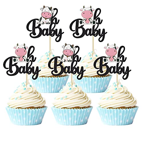 Gyufise 24Pcs Cow Oh Baby Cupcake Toppers Glitter Oh Baby Cow Babyshower Cupcake Picks Decorations Gender Reveal Theme Baby Shower Kids Boys Girls Birthday Party Cake Decorations Supplies #TOP10