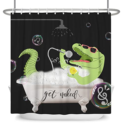 SDOTPMT 180x180cm Get Naked Shower Curtain Funny Green Dinosaur Showering in Bathtub Bath Curtain Cartoon Black Background Bathtub Curtain for Kids Bathroom Decor Polyester Fabric with Hooks - Image 2