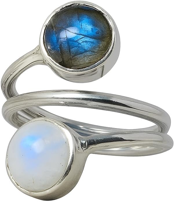 Labradorite and Moonstone Ring 925 Sterling Silver Adjustable Ring Handmade Multi Stone Ring Designer Boho Jewelry for Women Gift for Her