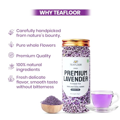 Image of TEAFLOOR - Dried Premium Lavender Flower Tea Pack of 2 | Natural, Herbal ,Pure | Caffeine free| Sun Dried Flower Buds | From The Farms Of KASHMIR |Net Weight : 70 Gram (70+ Cups)| Hot & Iced Tea, Flavored Syrups, Cocktails, Herbal Soap Making & Infusion ||