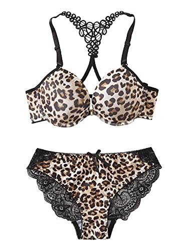 Romwe Women s Leopard Lingerie 2 Piece Super Push Up Underwire Bra and Panty Set Multicolor M