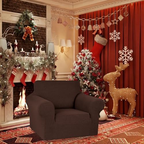 KEKUOU Stretch Single Sofa Slipcover 1 Piece Couch Sofa Cover (31"-55") Furniture Protector 1 Seater Sofa with Elastic Bottom for Kids,Pet.Jacquard Small Checked Pattern Fabric(Small,Chocolate)