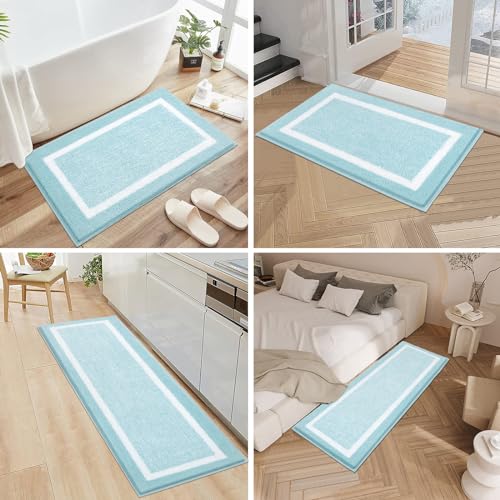 Pauwer Bathroom Rug Set 3 Piece: Plush Microfiber Shaggy Bath Mats, Non Slip, Machine Washable, Light Blue, 18x26+20x32+U Shape 20x24