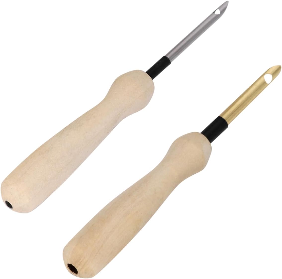 SEWOART 2pcs Wooden Handle Embroidery Needles for Craft Sewing Supplies Punch Needle Knitting