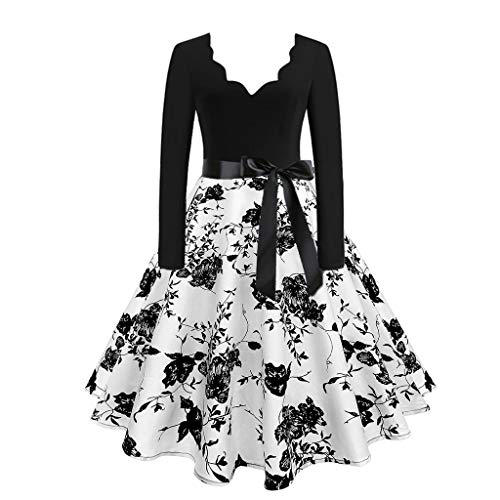 Kanpola Damen Retro Kleider 50er Cocktailkleider Knielang Polka Dots Blumen Rockabilly Kleid Festliche Elegant Abendkleider V Ausschnitt A Linie Faltenrock Cover