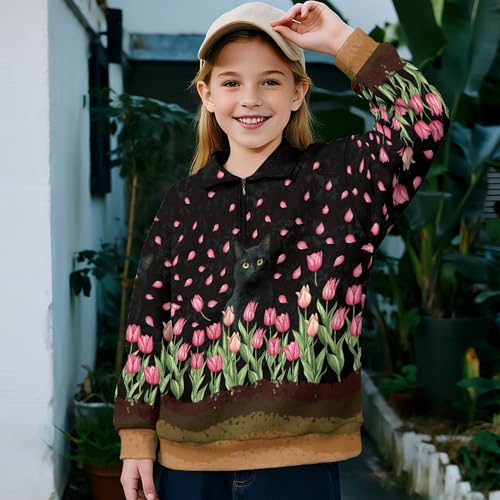 Image of AmzPrint Girls Graphic Quarter Zip Coat Long Sleeve Lightweight Oversized Athletic Running Hoodies For Kids Teen Girls