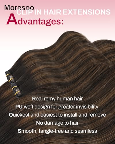 Image of Moresoo Seamless clip in hair extensions, Balayage Brown 20inch, PU Weft | Hair extensions clip ins, ombre dark brown to chestnut brown, 120g 7pcs, for date nights and social events, soft layered