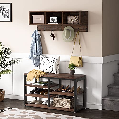 Tribesigns Industrial [Shoe] [Rack] [Bench] with Coat [Rack] Set with Hall Tree, 3 Storage Cubbies, 7 Hooks for Entryway, Hallway, 5-in-1Design, Rustic Brown