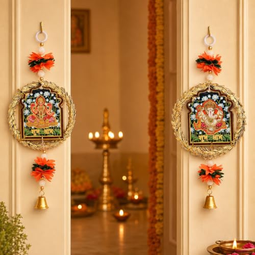 Image of Akaar Decor Lakshmi Ganesha Hanging Wall Decor Set of 2 | Traditional Diwali Decoration for Home Entrance, Pooja Room & Temple | Floral Hanging with Bell & Golden Wreath Design