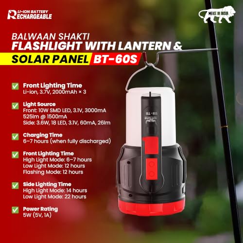 Image of Balwaan Krishi Solar Flashlight with Lantern | 5W LED| 2-in-1 Torch| BT-60S | Type-C Rechargeable Torch, 3 Front & 2 Lantern Modes, 2-in-1 Torch Lantern, Emergency Light for Home
