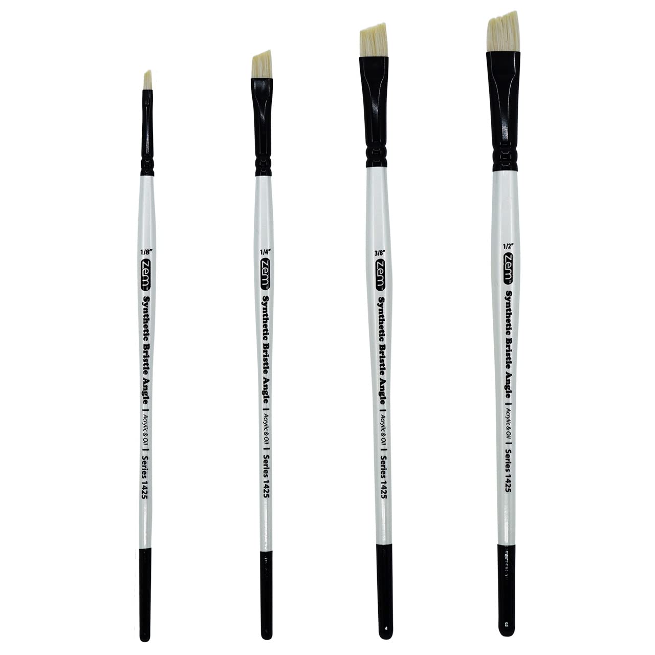 ZEM Brush White Hog Bristle Synthetic Angle Artist Brush Set 4 pcs 1/8" 1/4" 3/8" 1/2" | Acrylic and Oil
