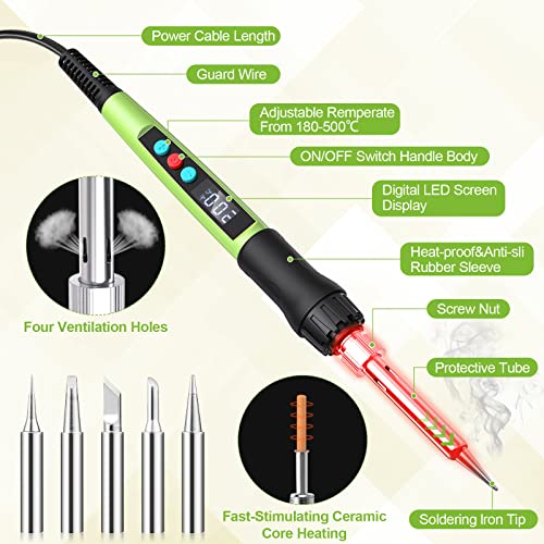 Soldering Iron Kit, Soldering Welding Iron Kit with Ceramic Heater, Portable Soldering Kit with with Tips, Solder Wick Braid, Stand, Solder Wire, Sponge, Flux Paste