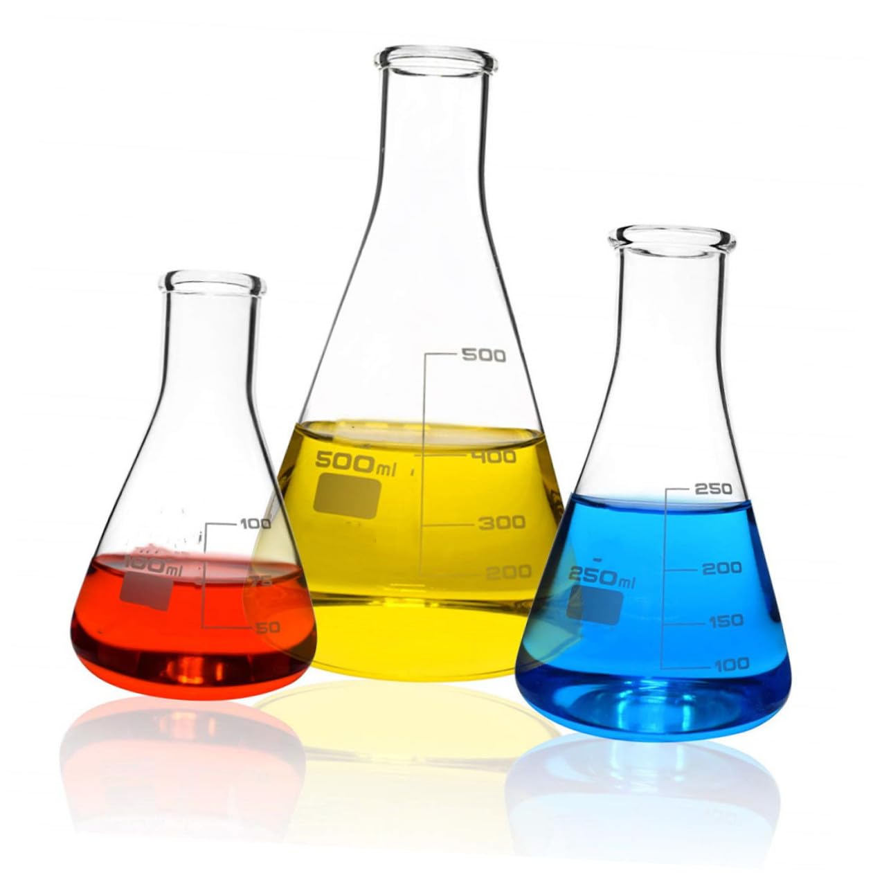Matraz Cónico de Vidrio 3 Piezas 100ml 250ml 500ml | Graduaciones Estándar y Escala Clara, Base Plana, para Laboratorio Escolar y Aplicaciones de Ciencias Vida