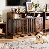 48 Inch Dog Crate Furniture with Pull-Out Feeding Bowl, Heavy Duty Dog Kennel with 3 Drawers & Storage Shelves, Large Dog Cage End Table, Wooden Pet Crate Indoor, Farmhouse Style
