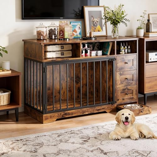 48 Inch Dog Crate Furniture with Pull-Out Feeding Bowl, Heavy Duty Dog Kennel with 3 Drawers & Storage Shelves, Large Dog Cage End Table, Wooden Pet C