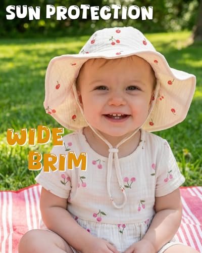 HONGTEYA Baby Sun Hat Muslin Toddler Bucket Hat for Girls Boys Infant Wide Brim Sun Protection UPF 50+