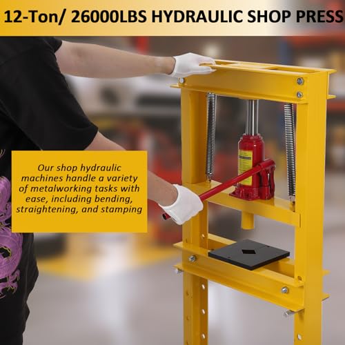 Image of 12 Ton Shop Press H Frame Press, 12 Ton Hydraulic Press H Frame Garage Floor Press with Plate, Adjustable Working Table Height Hydraulic Shop Floor Press for Gears and Bearings