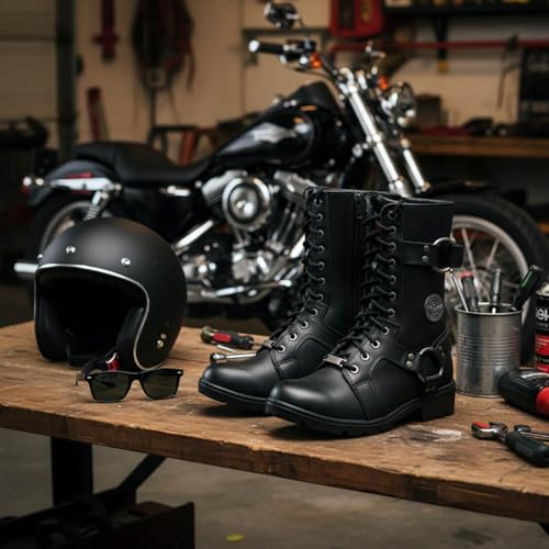 Image of Milwaukee Leather Women's Premium Leather Motorcycle Riding Boots - Lace-To-Toe Harness - Zipper Closure - MBL9391-7.5