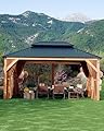 10x12 ft Hardtop Wood Gazebo for All Weather, Double Metal Roof, Heavy Duty Cedar Frame, Curtains & Netting, Permanent Outdoor Pavilion for Patio, Deck, Backyard, Lawn, Garden, Khaki