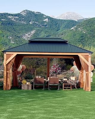 10x12 ft Hardtop Wood Gazebo for All Weather, Double Metal Roof, Heavy Duty Cedar Frame, Curtains & Netting, Permanent Outdoor Pavilion for Patio, Deck, Backyard, Lawn, Garden, Khaki