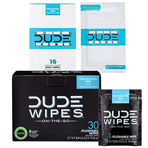 DUDE Wipes Flushable (30pk) & DUDE Shower Body Wipes (10pk) Unscented with Vitamin-E