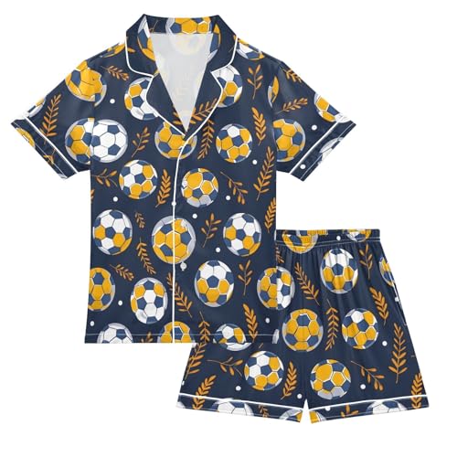 ALAZA Football Orange Leaf Soccer Satin Pajamas Set Short Sleeve Button Down Sleepwear Summer Pjs 2 Piece