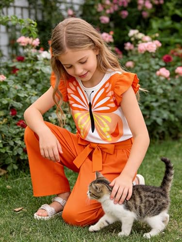 Image of Toddler Kid Girl Clothes Casual Ruffle Sleeve Floral Printed Top Solid Pants with Belt 3PC Outfit Set