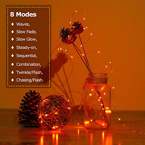 Solar Halloween Orange Copper String Lights, 2 Pack 100 Led Solar Fairy Lights 33 Feet 8 Modes Sliver Wire Lights Waterproof Outdoor String Lights For Fall Thanksgiving Christmas Halloween Decor #TOP6
