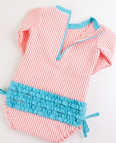 Image of RuffleButts Baby-Girls Seersucker Long Sleeve Rash Guard - One Piece Swimsuit UPF 50+ Toddler